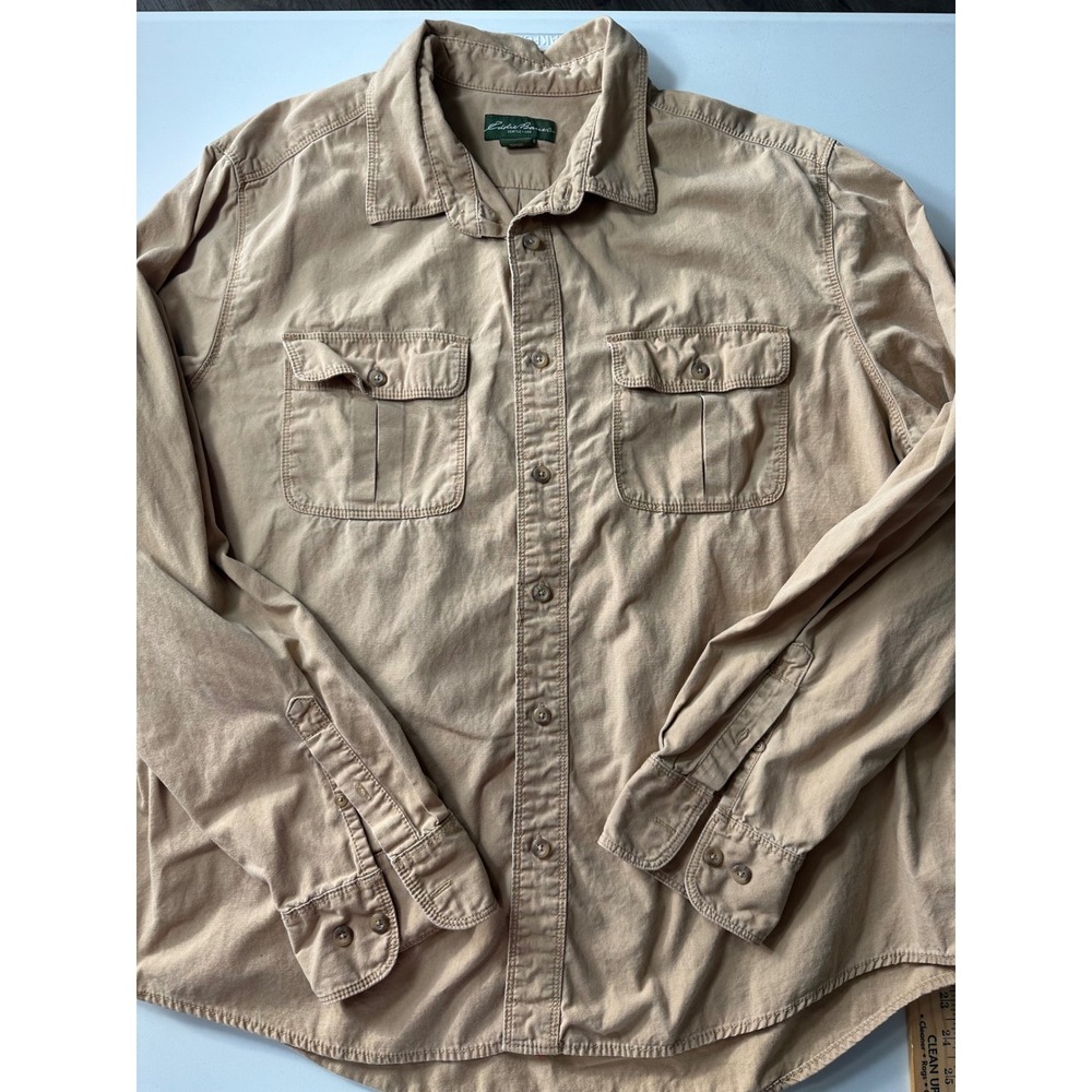 Eddie Bauer Mens XXL Tan Khaki Long Sleeve Cotton Button Down Utility Shirt